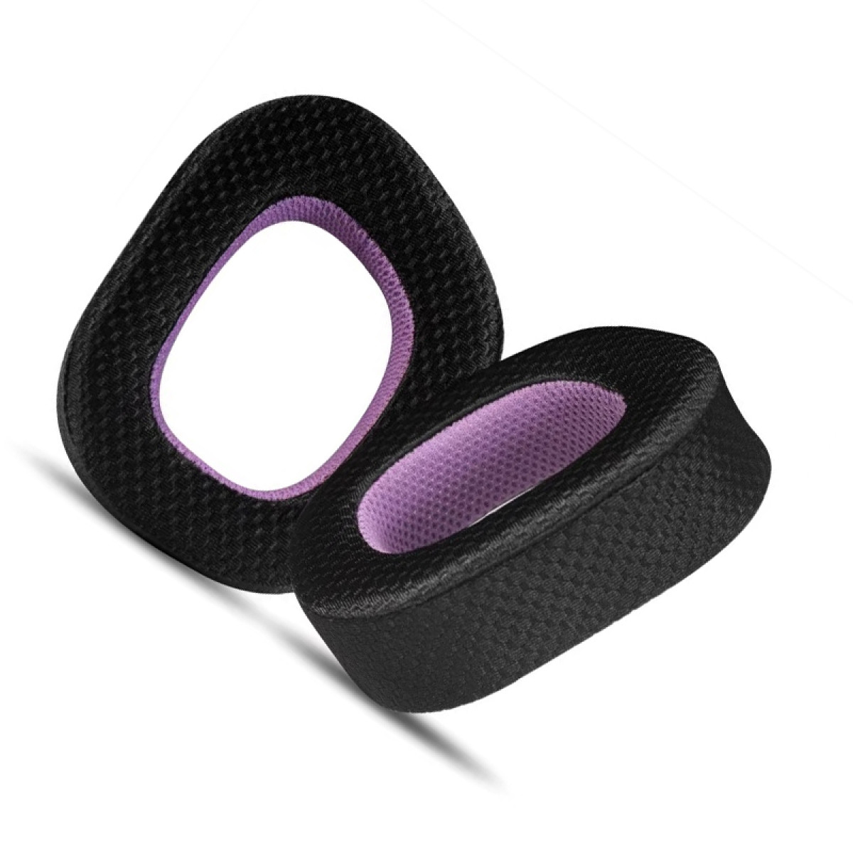 Due cuscinetti auricolari neri con interno viola.