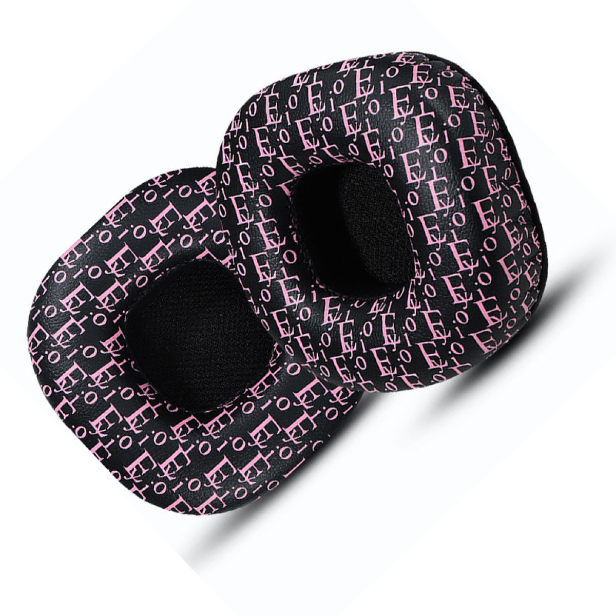 Due paia di cuscinetti auricolari per cuffie rosa e neri. Hanno un motivo a 'E' ripetuto.