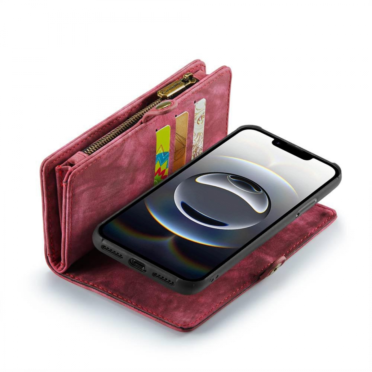 Eine rote Geldbörsenhülle, die ein schwarzes Telefon hält. Die Hülle hat Kartenfächer und einen goldenen Reißverschluss.