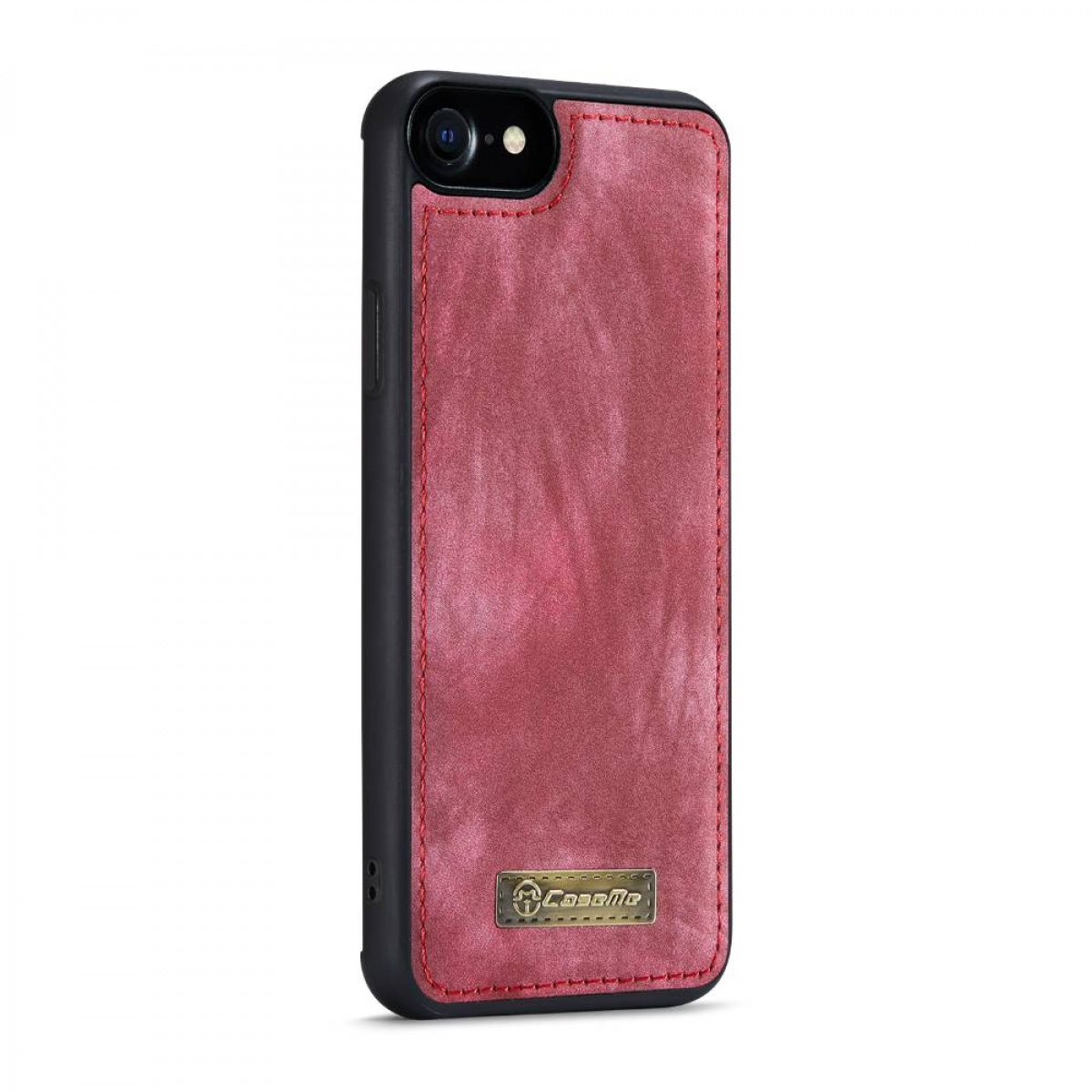 Eine rote Leder-Handyhülle auf einem schwarzen Telefon, mit kleinem goldenen Logo, in schwarzem Rahmen.