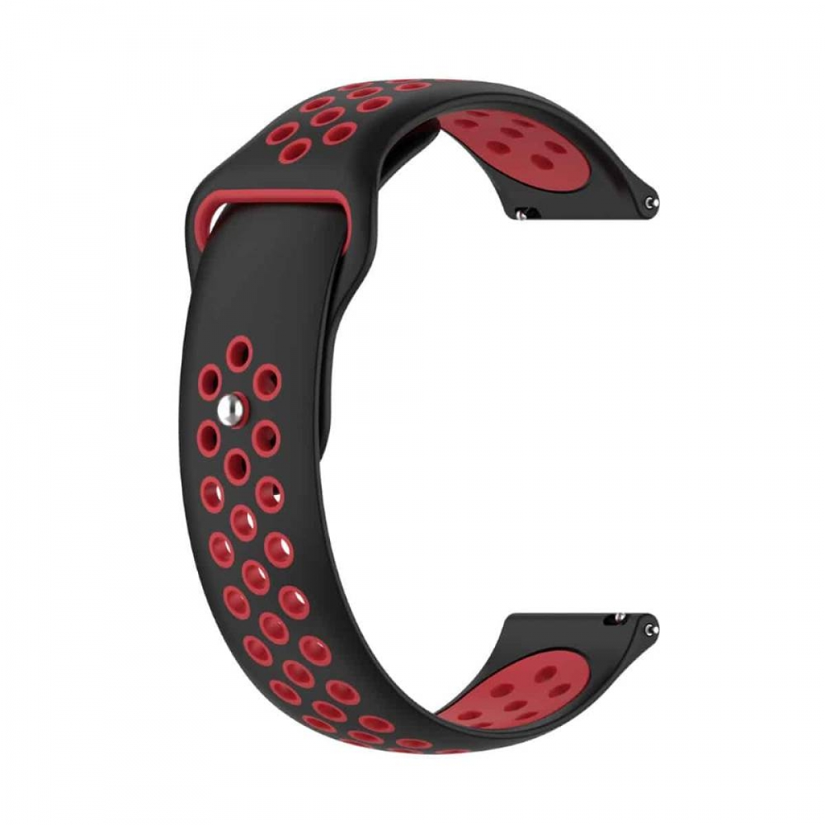 Ein schwarzes und rotes Armband mit Löchern.