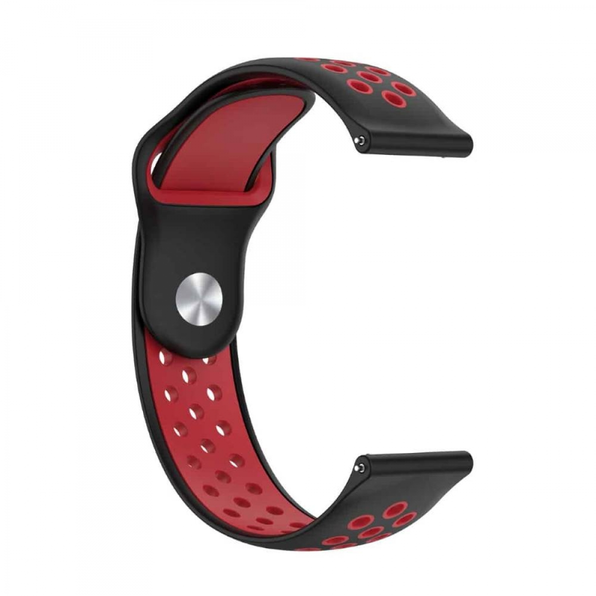 Ein rot-schwarzes Uhrenarmband. Das Armband hat C-Form, Löcher und einen silbernen Knopf.