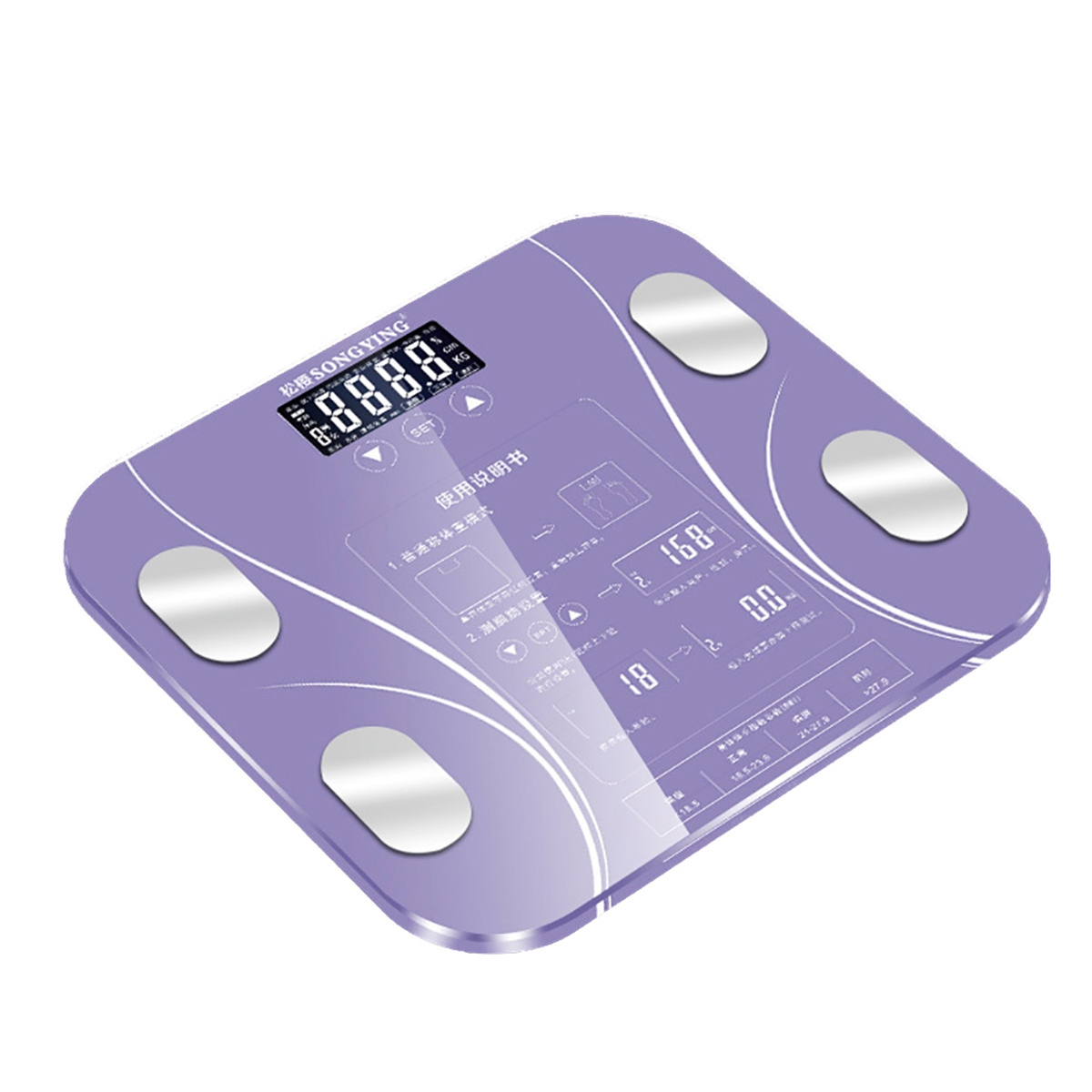 Lila Digitalwaage. Vier silberne Pads und eine Digitalanzeige sind sichtbar.