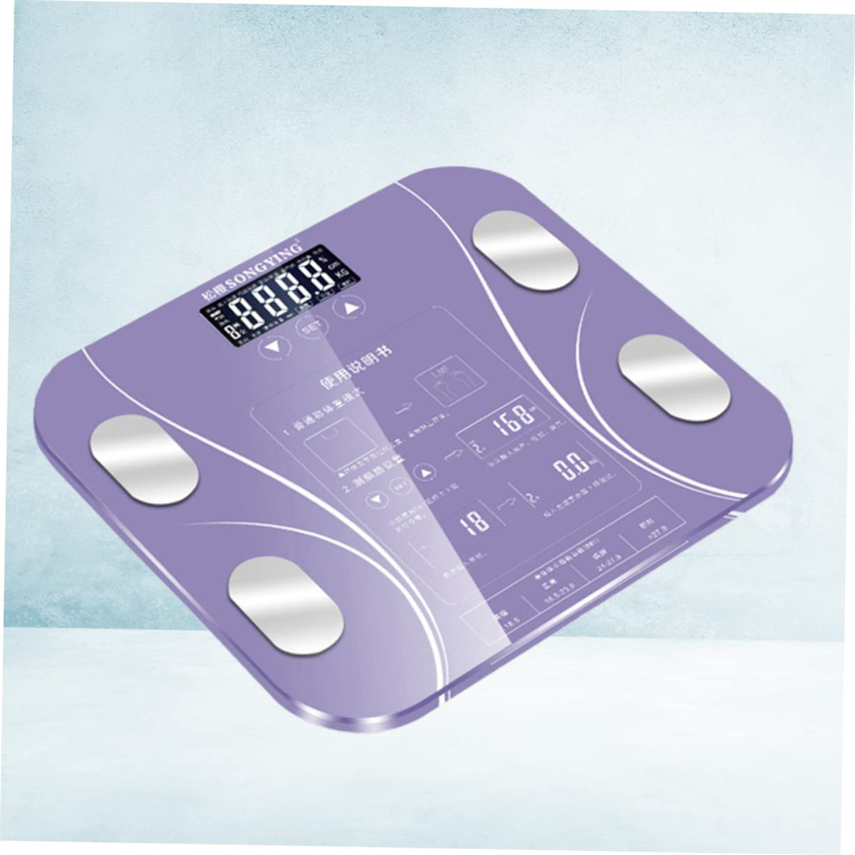 Lila Körperwaage mit vier silbernen Pads und digitaler Anzeige. Sauberes, modernes Design.