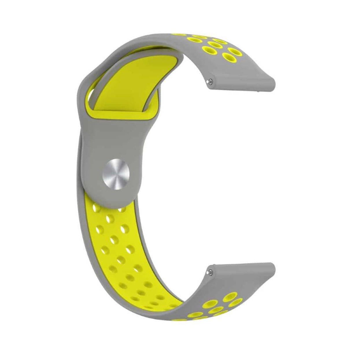 Graues und gelbes Uhrenarmband mit Perforationen. Das Band ist gebogen und hat eine Schnalle.