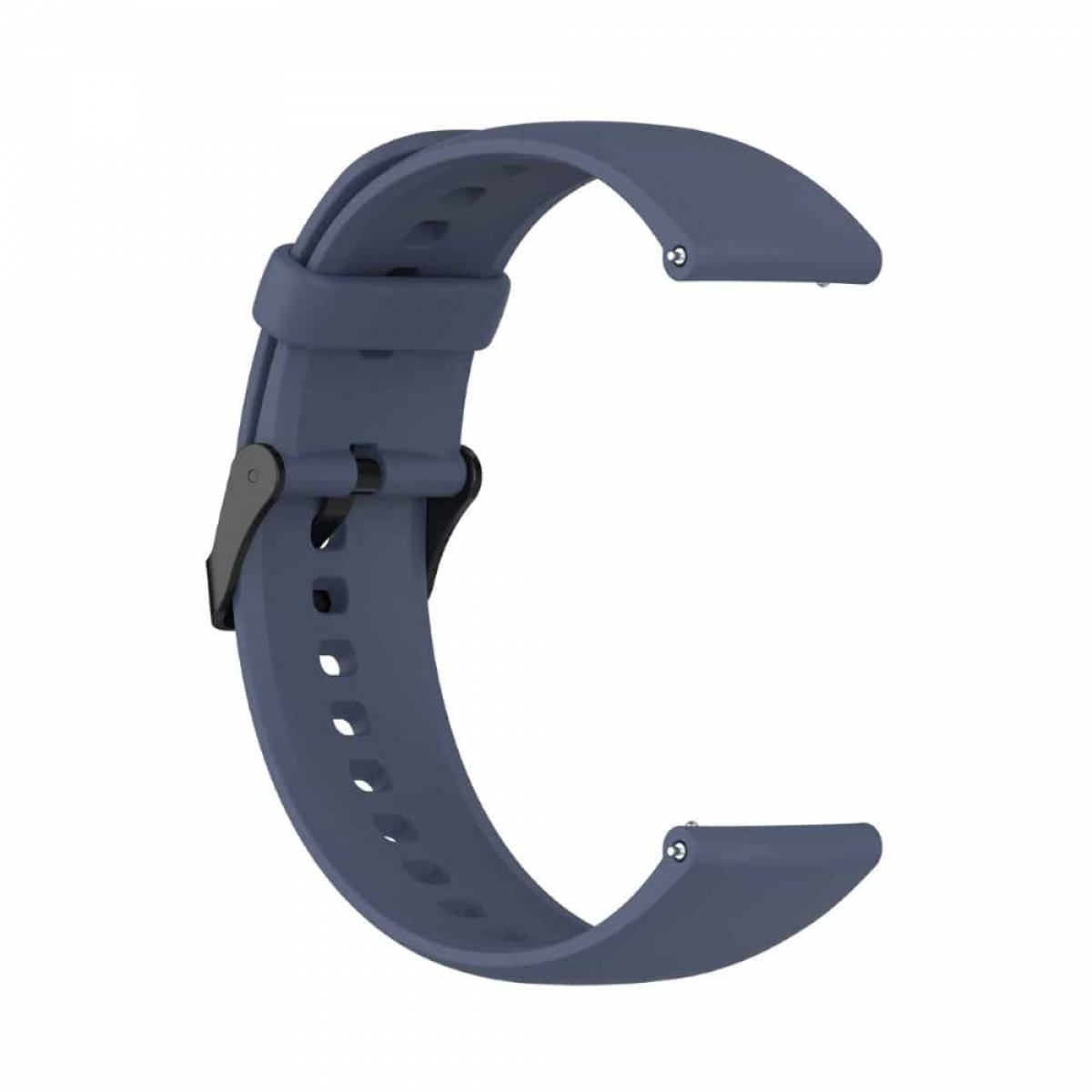Blaues Smartwatch-Armband mit schwarzem Verschluss. Das Armband liegt auf weißem Grund.
