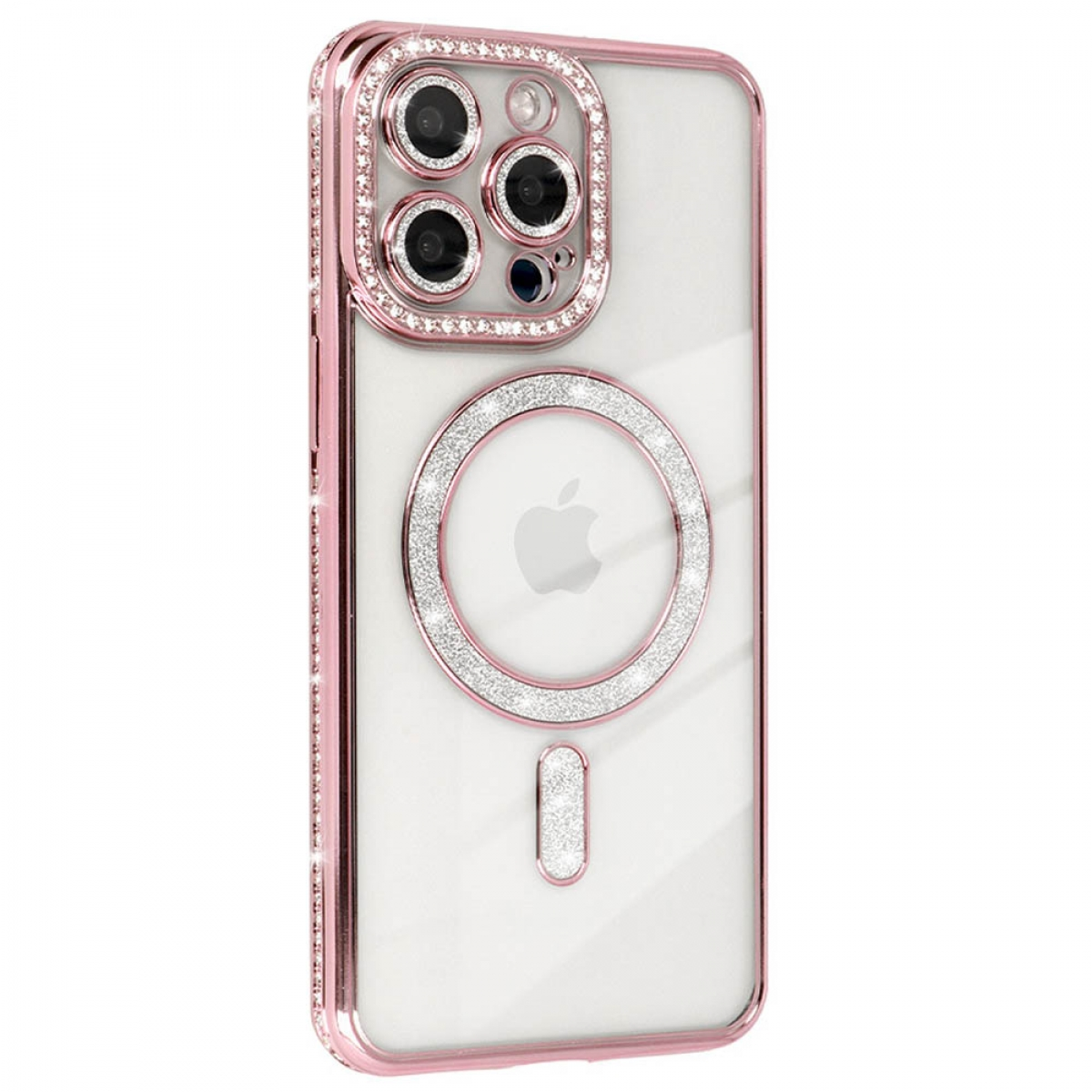 Transparente iPhone-Hülle mit rosa Strasssteinen um Kamera und Ränder.