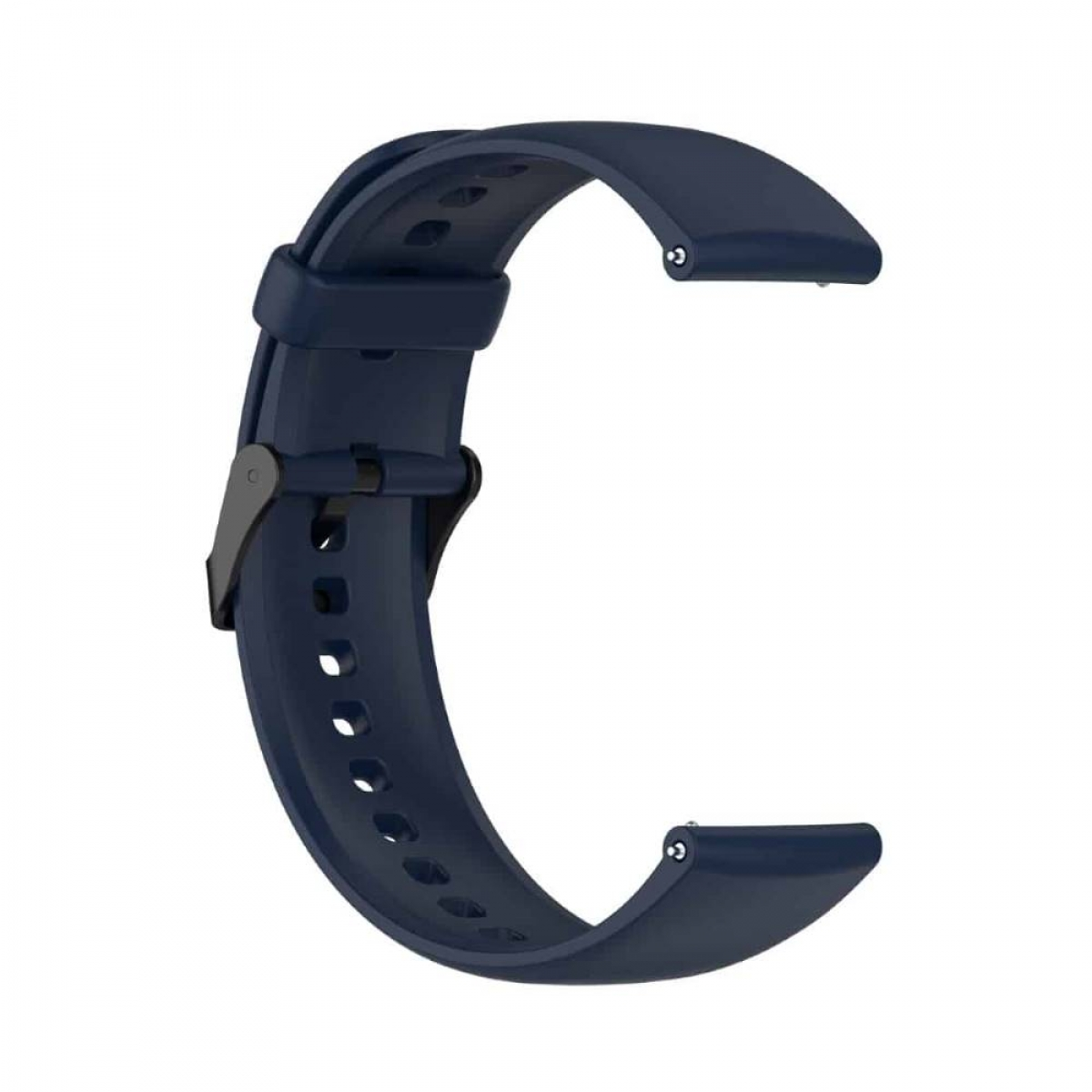 Ein dunkelblaues Uhrenarmband, das das Band und die Schnalle zeigt. Weißer Hintergrund.