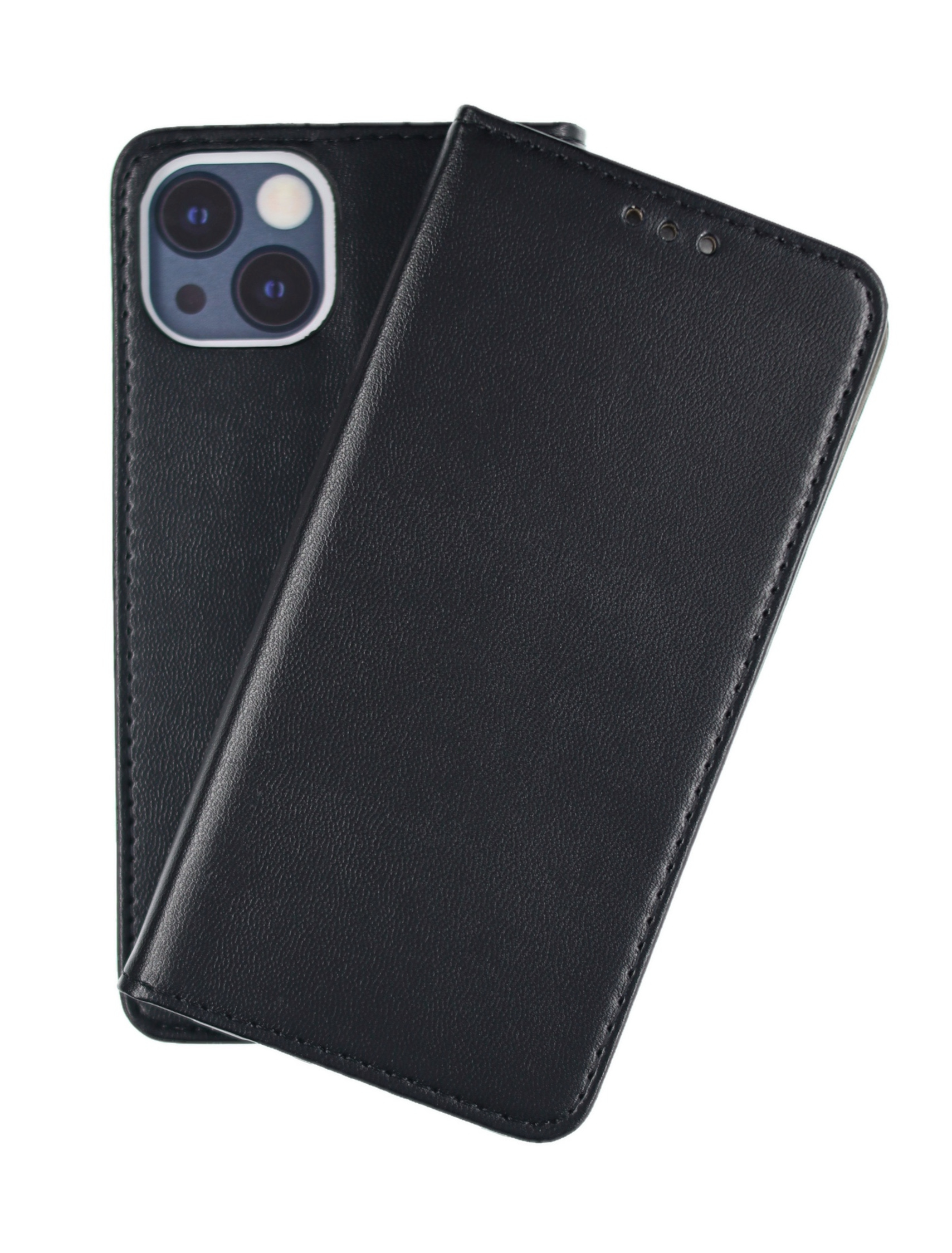 Schwarze Handyhülle mit schwarzem Telefon darin. Die Hülle ist geschlossen. Das Telefon hat mehrere Kameras.