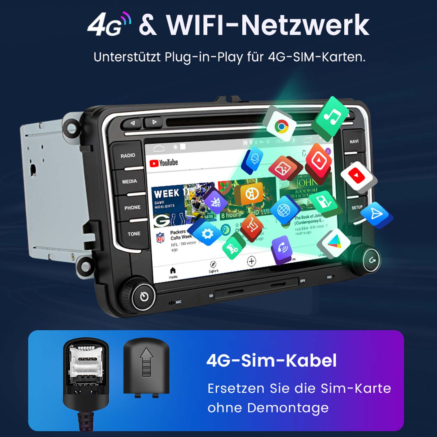Radio samochodowe z aplikacjami na ekranie i kablem SIM 4G.