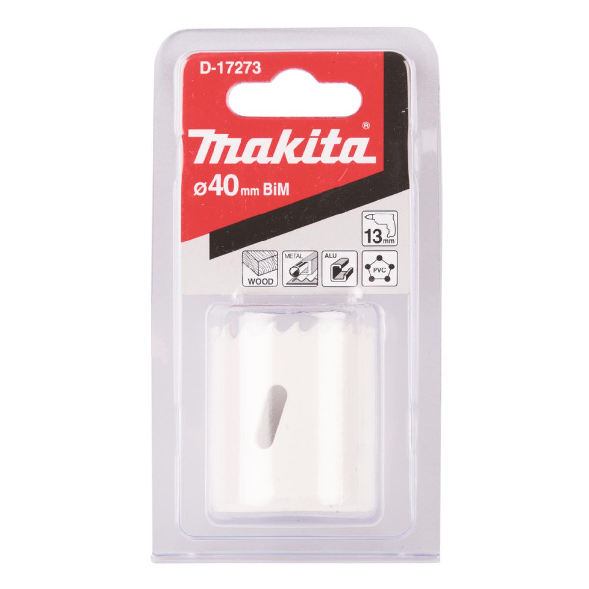 Eine verpackte Makita Lochsäge, mit Text und Spezifikationen auf der Vorderseite.