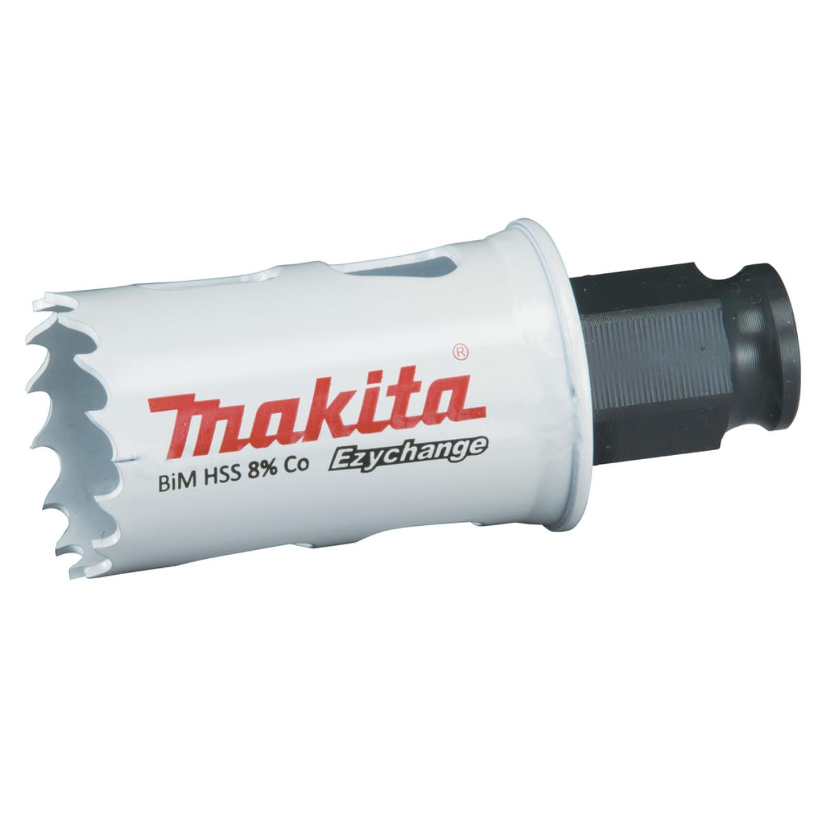 Eine weiße Makita Lochsäge mit rotem Text und einem schwarzen Teil.