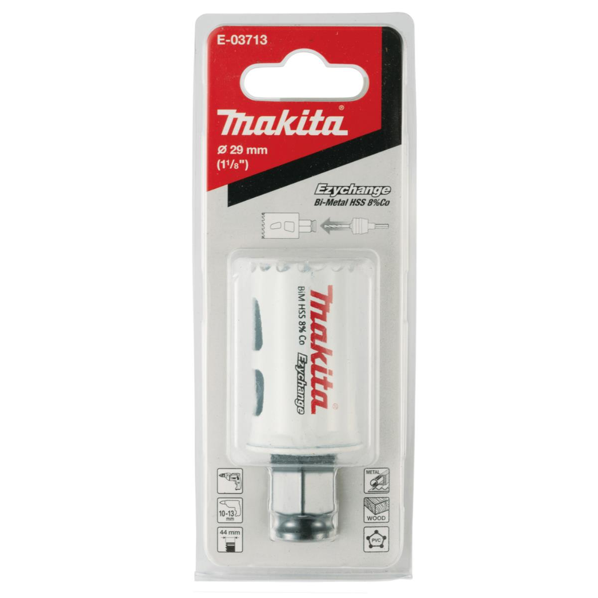 Eine Makita Lochsägeverpackung mit Text und Diagrammen auf weißem Hintergrund.