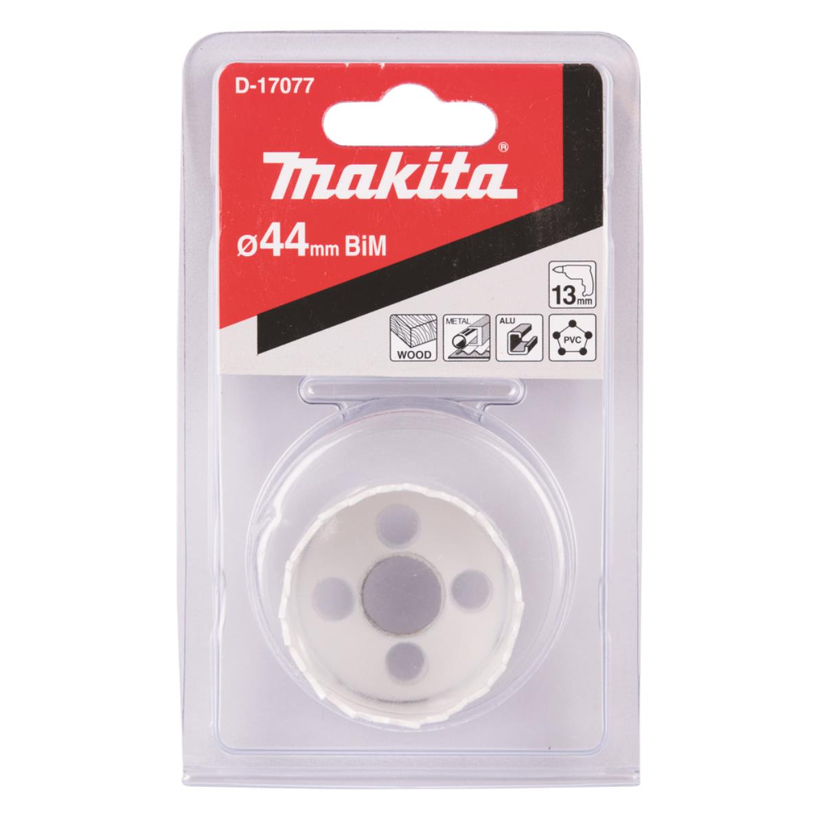 Eine Lochsäge in einer Kunststoffverpackung, mit Makita-Logo.