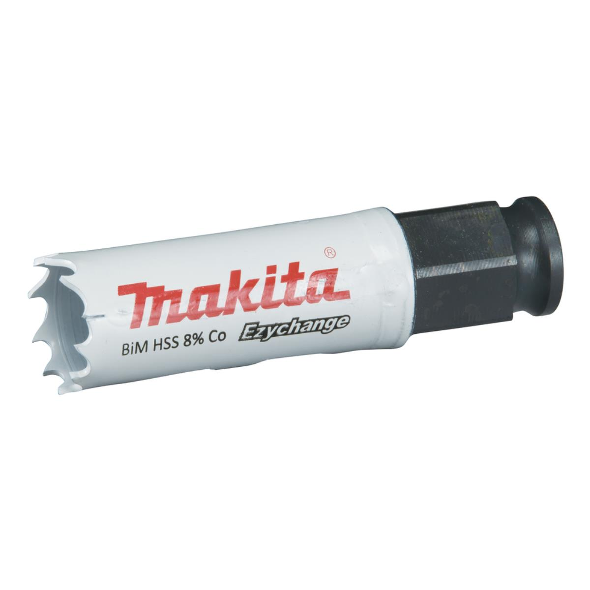 Ein weißes und rotes Makita Lochsägewerkzeug mit dem Text 'Makita' und 'Ezychange'.