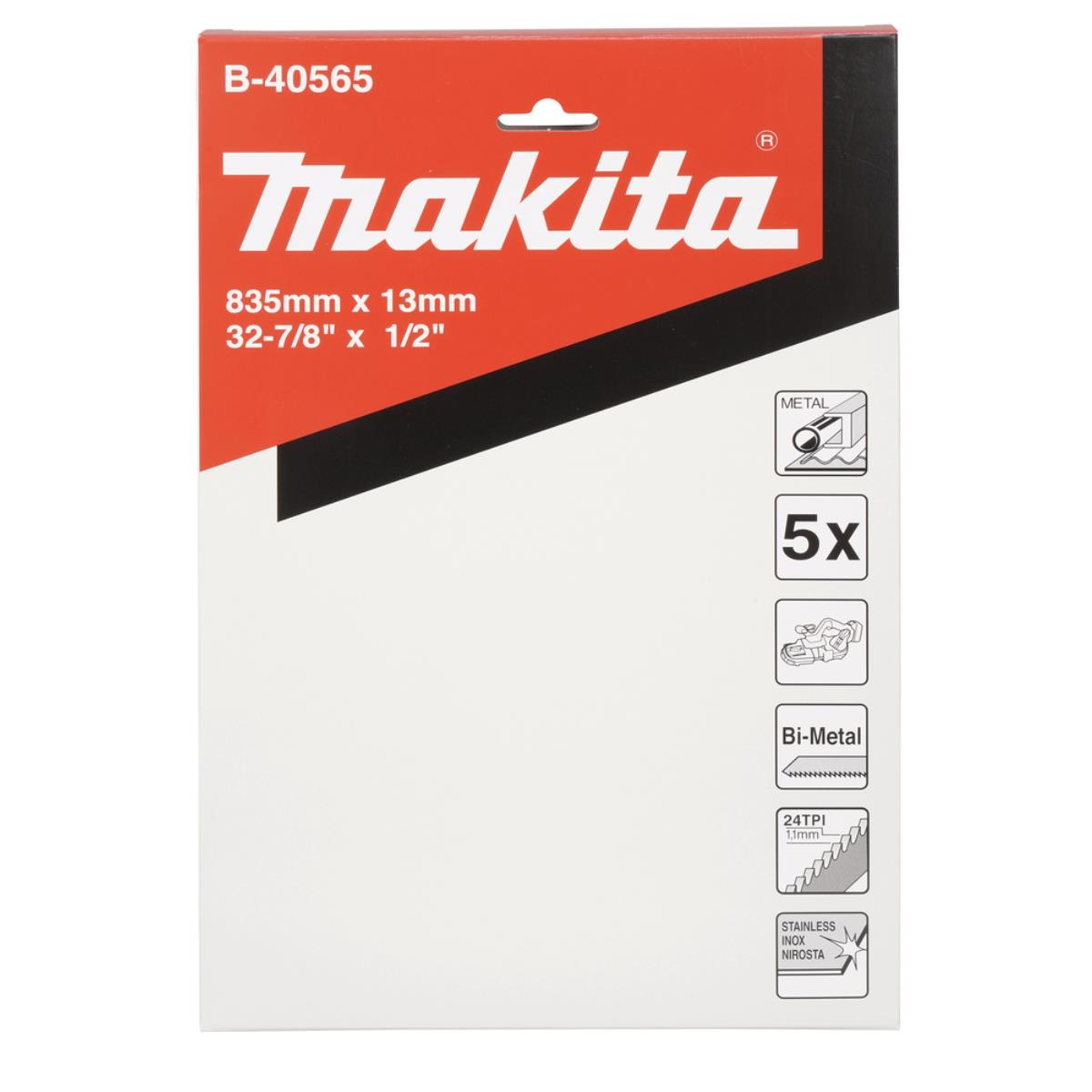 Makita-Sägeblattverpackung. Rote und weiße Verpackung. Produktdetails sind aufgedruckt.