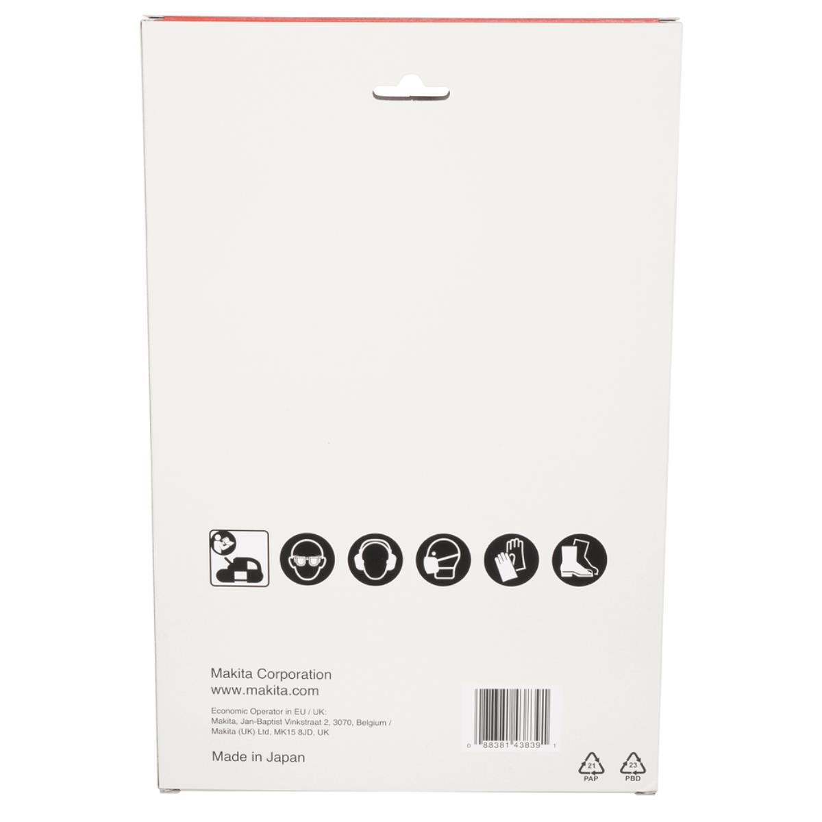 Weiße Box mit schwarzer Grafik. Enthält Symbole für Sicherheitsausrüstung, Handschuhe, Kopfschutz usw.