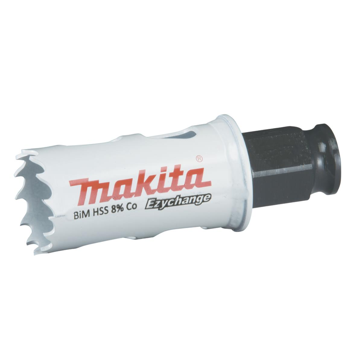 Weiße und rote Makita Lochsäge. Es ist mit 'BIM HSS 8% Co Ezychange' beschriftet.