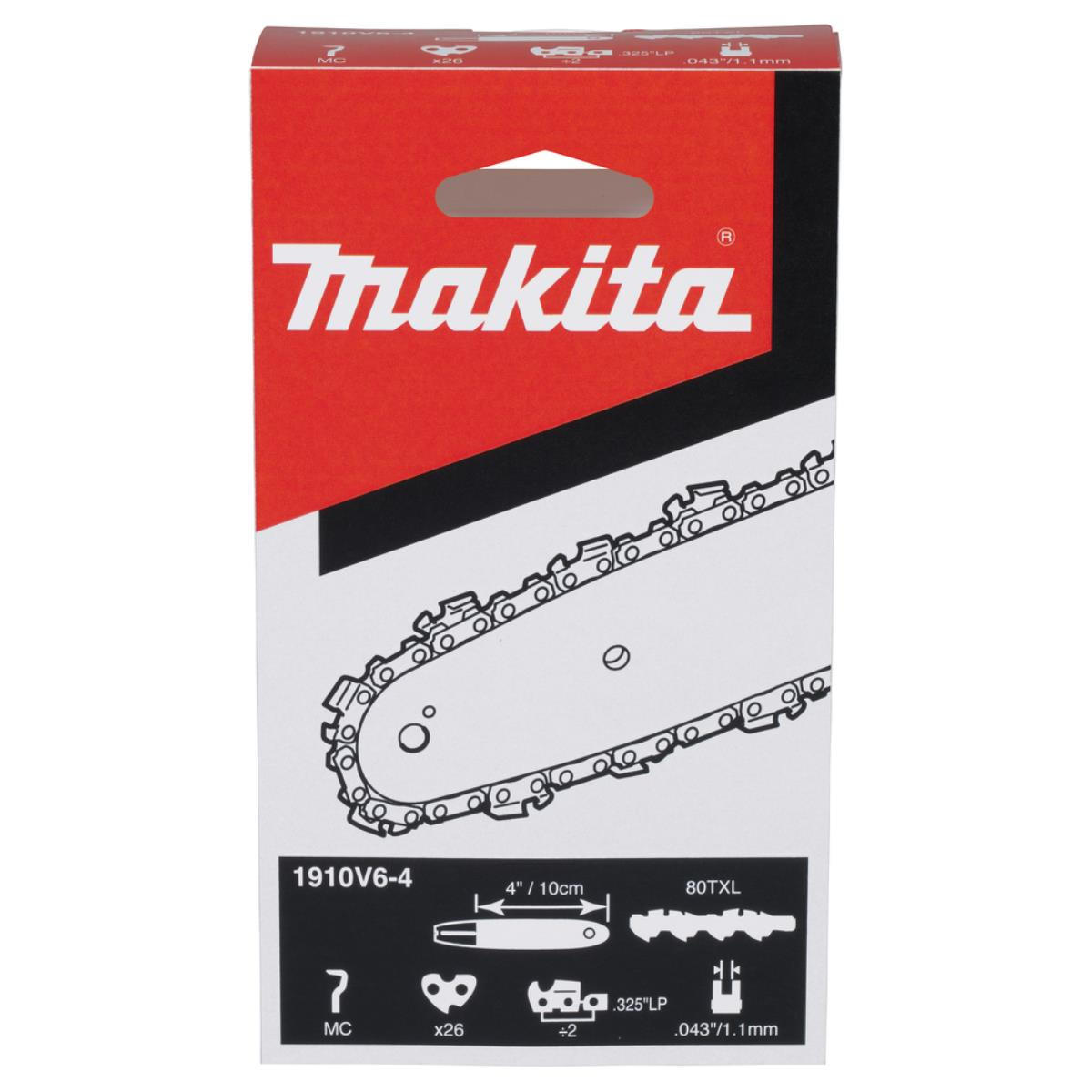 Makita-Kettensägenblatt-Box. Rote und schwarze Farben mit Produktdetails und Makita-Logo.