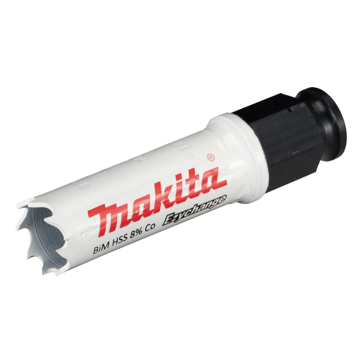 Eine weiße und schwarze Makita BiM HSS 8% Co Exchange Lochsäge.