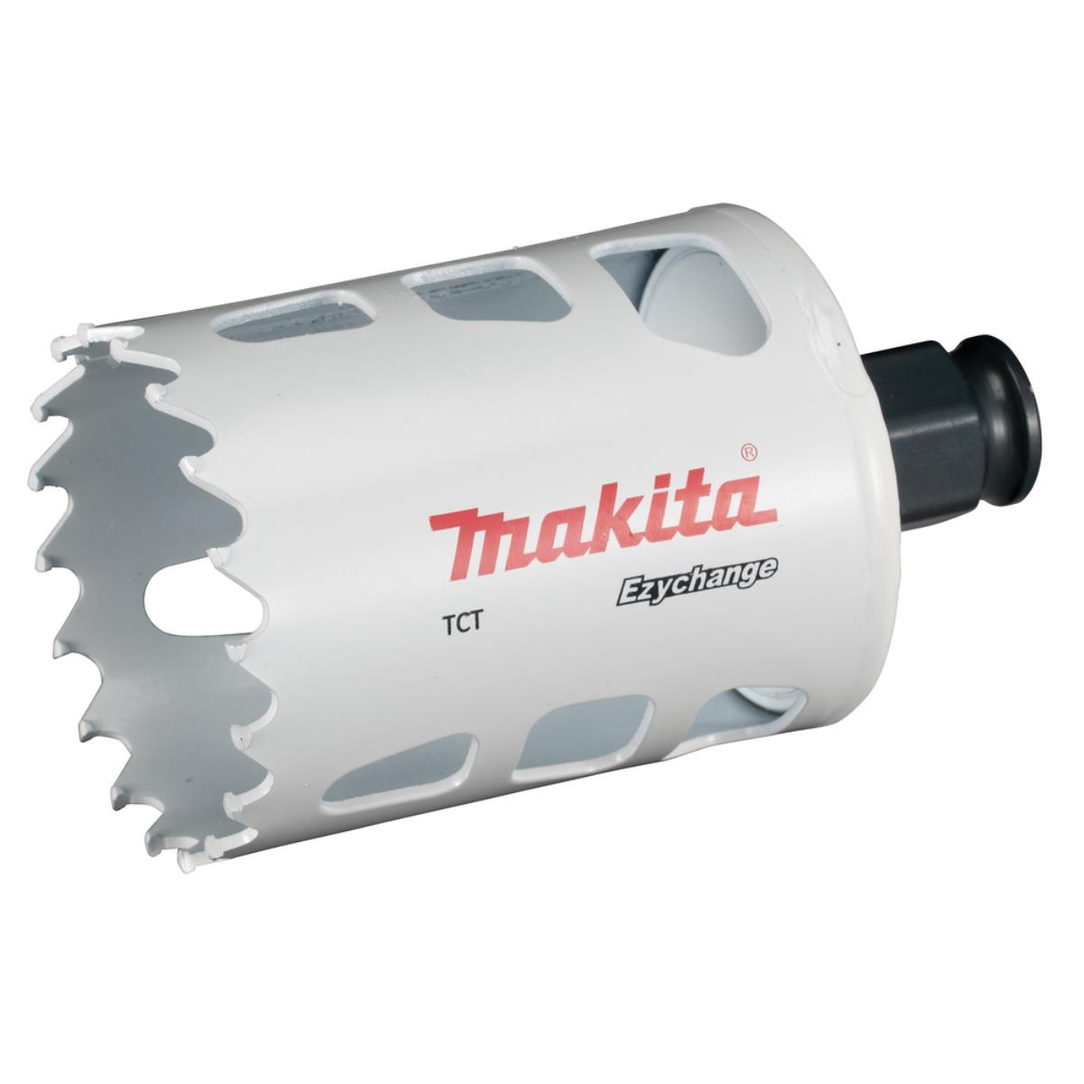 Eine weiße Makita Lochsäge mit rotem und schwarzem Logo. Die Säge hat eine gezahnte Kante und einen schwarzen Aufsatz.