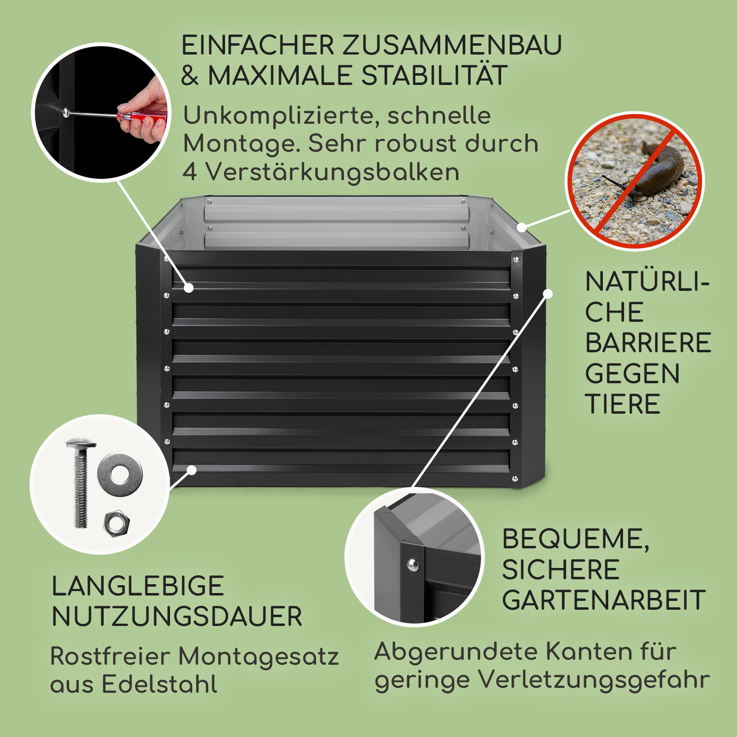 Ein erhöhtes Gartenbeet aus schwarzem Metall mit Textetiketten und einem Schneckenbild. Es hat ein einfaches Design.