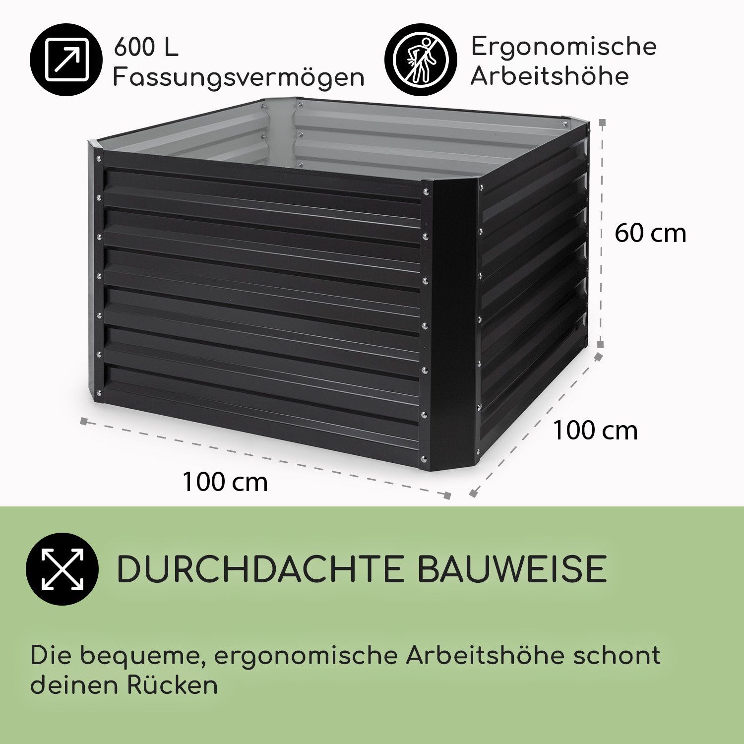 Ein schwarzes Metall-Hochbeet mit Abmessungen und Textanmerkungen.