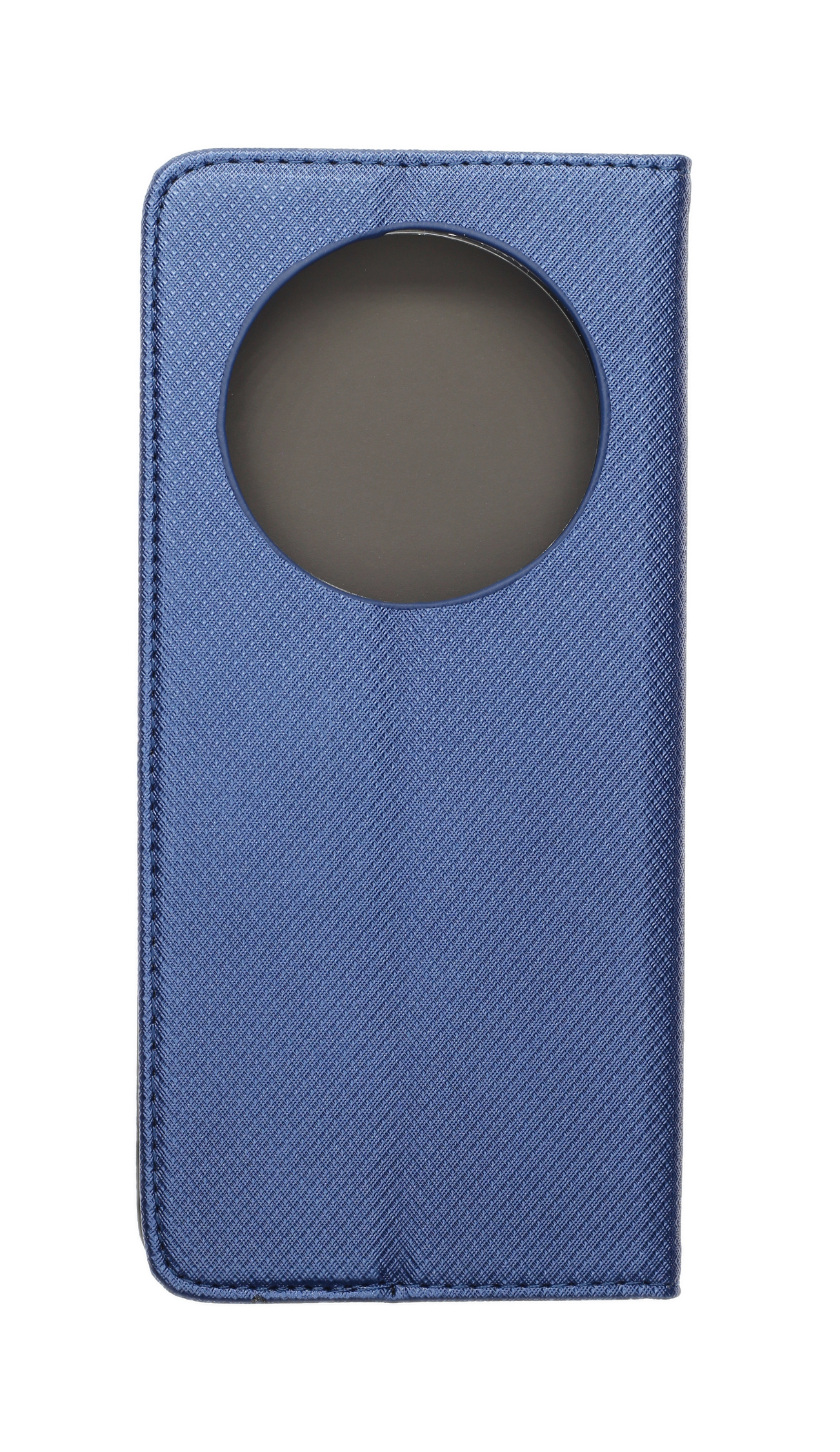 Eine blaue, strukturierte Handyhülle mit kreisförmigem Fenster, vor weißem Hintergrund.