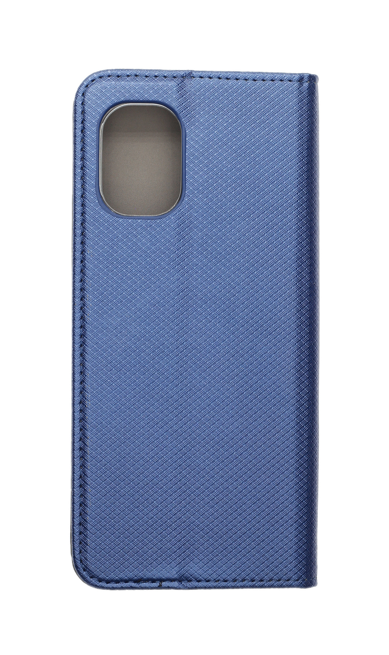Eine blaue Handyhülle, geschlossen, strukturiert, mit einem Kamer Loch. Die Hülle liegt auf einer weißen Oberfläche.