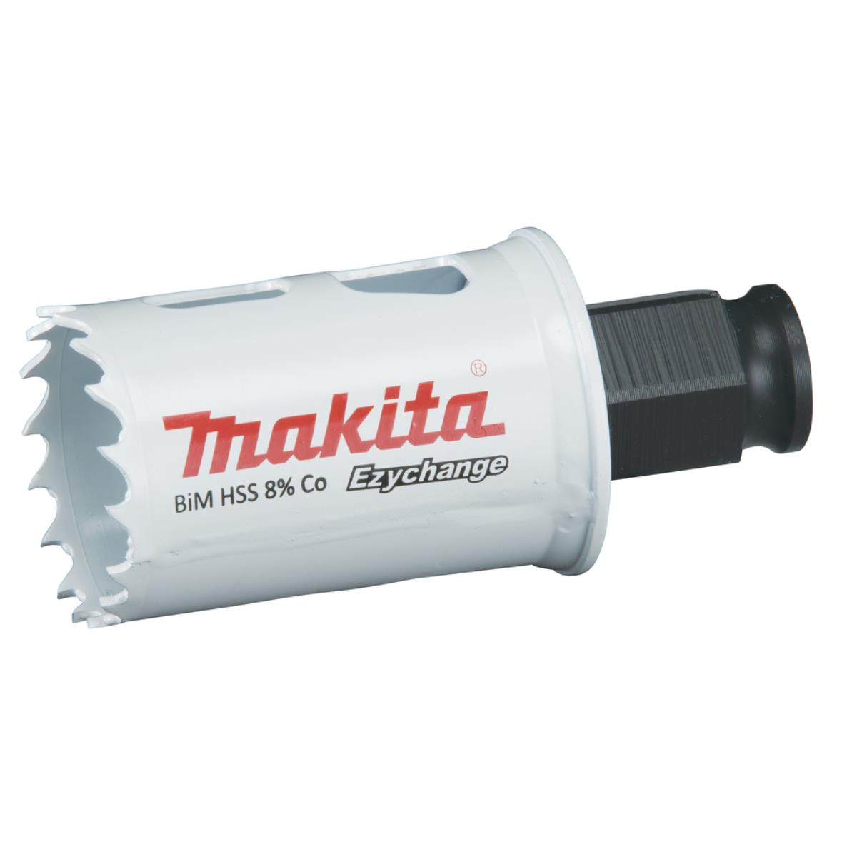 Eine weiße und rote Makita Lochsäge mit Text und schwarzer Basis.