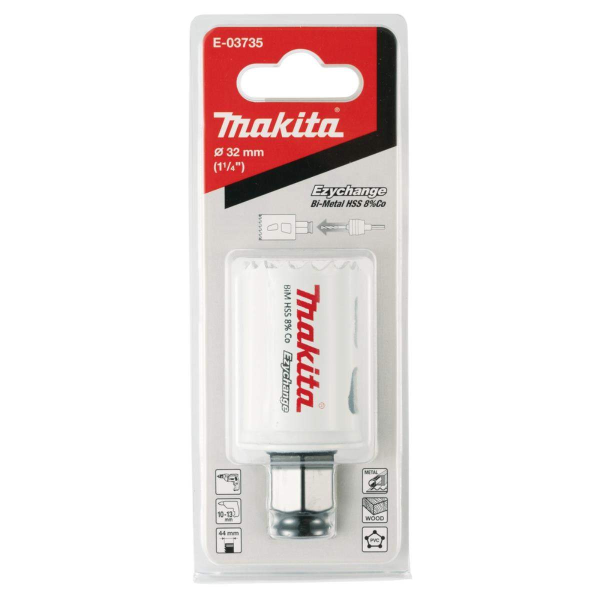Makita Lochsägen-Set in einer Verpackung. Das Paket zeigt die Säge und ihre Spezifikationen.