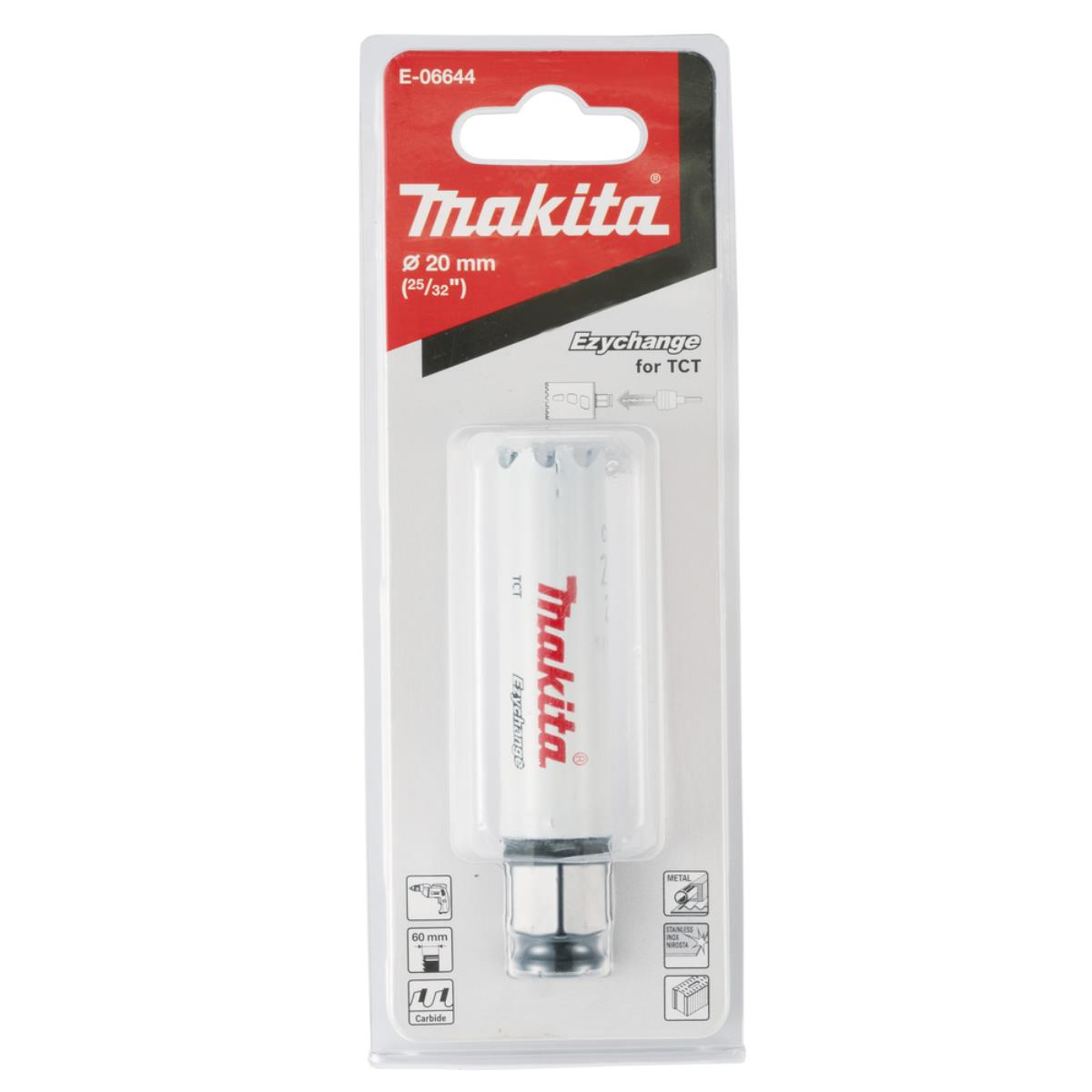 Makita-Sägeblattverpackung. Eine silberne Sägeblatt ist in der durchsichtigen Kunststoffhülle sichtbar.