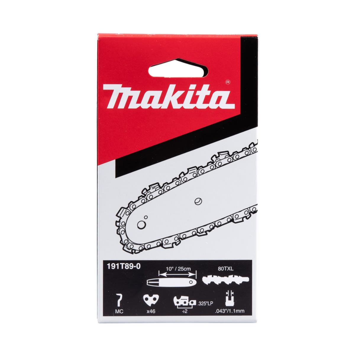 Verpackung für Makita-Kettensägenkette. Rote und weiße Box. Kettendiagramm mit Größenangaben.
