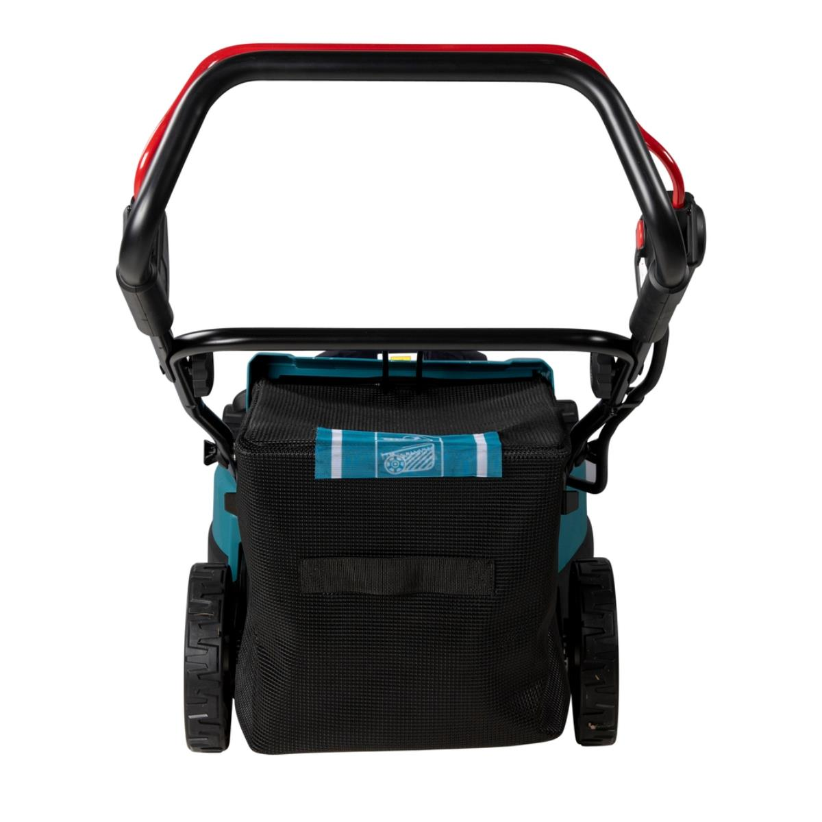 Rückansicht eines schwarzen und tealfarbenen Rasenmähers. Schwarze Tasche, roter Griff und Räder sichtbar.