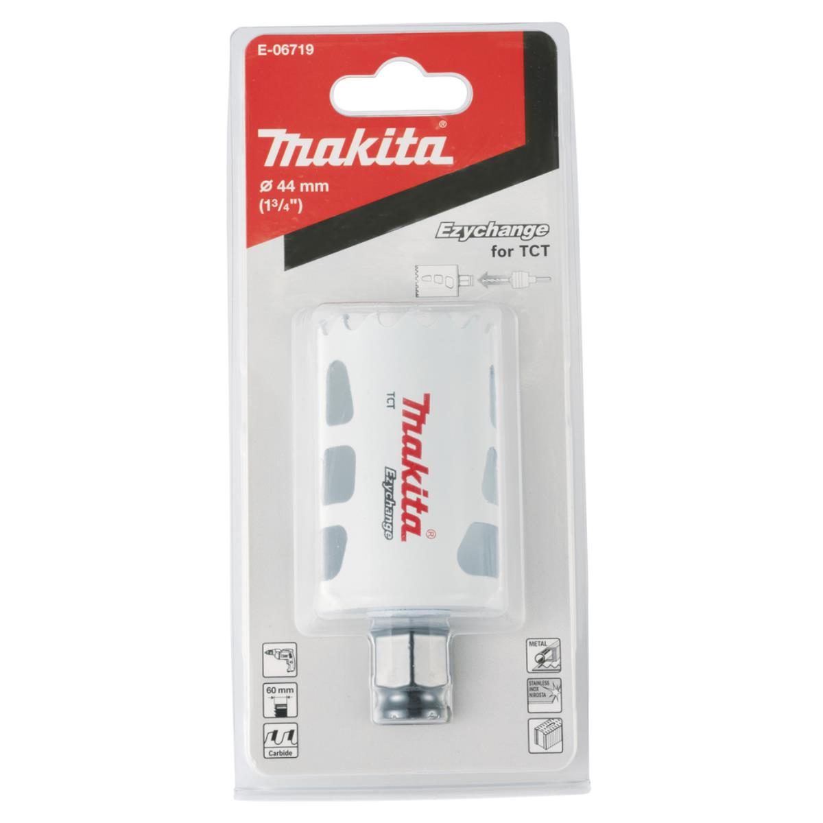 Makita Lochsäge in einer Blisterpackung. Die Säge ist silber und schwarz, die Packung rot und weiß.