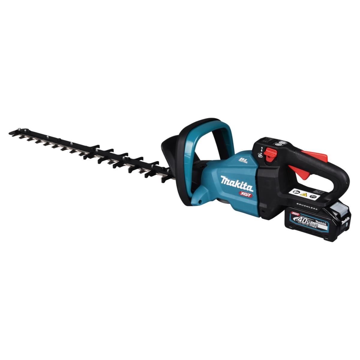 Eine teal-schwarze Makita Heckenschere mit schwarzer Klinge und rot-schwarzem Griff.