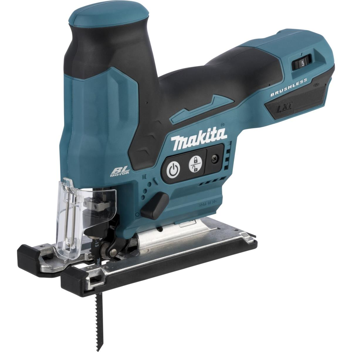 Türkis-schwarze Makita Stichsäge. Liegt auf weißer Oberfläche. Zeigt die Klinge und den Griff. Mit BL-Motor.