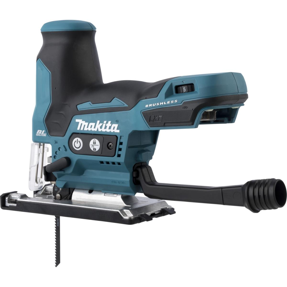 Eine türkis-schwarze Makita-Stichsäge, mit schwarzem Griff und Sägeblatt befestigt.