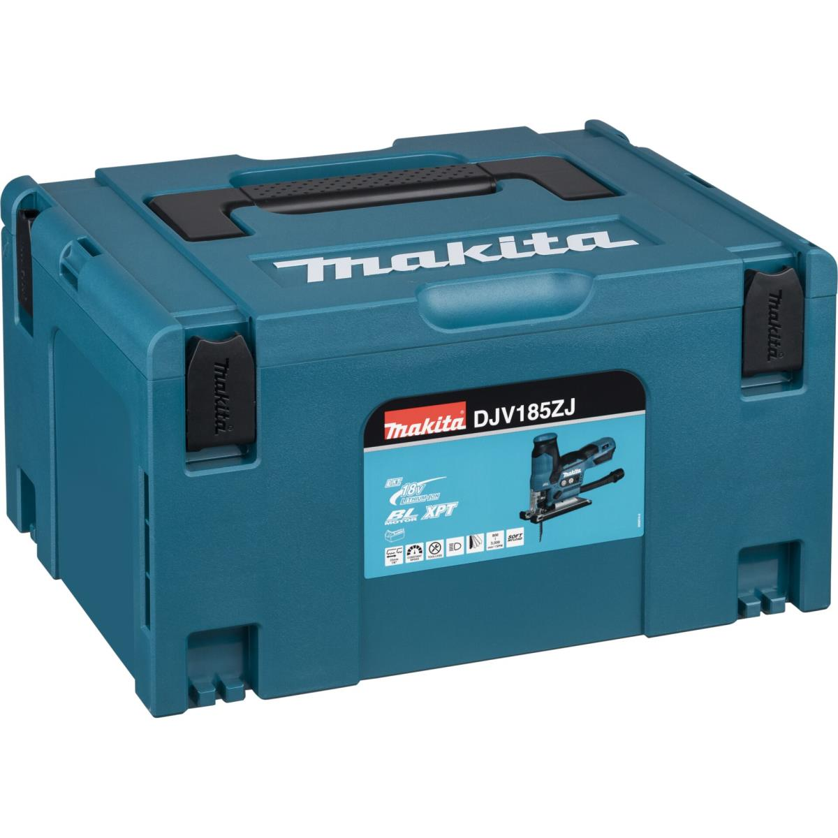Türkisfarbener Makita Werkzeugkoffer mit Makita Logo, mit einer blauen und schwarzen Stichsäge darin.
