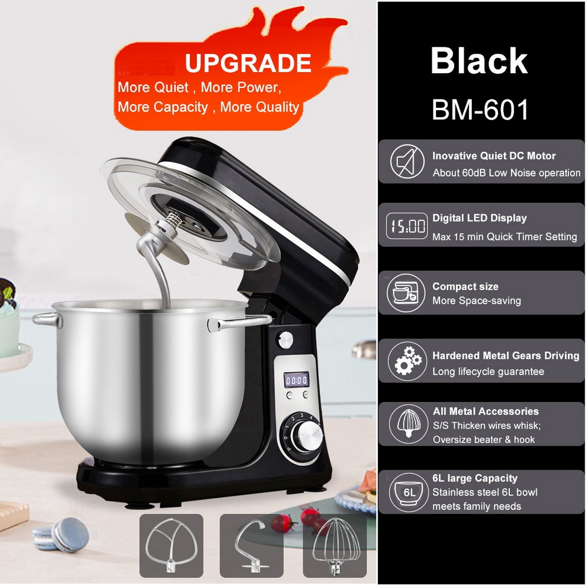 Impastatrice da tavolo nera con accessori e display con testo.