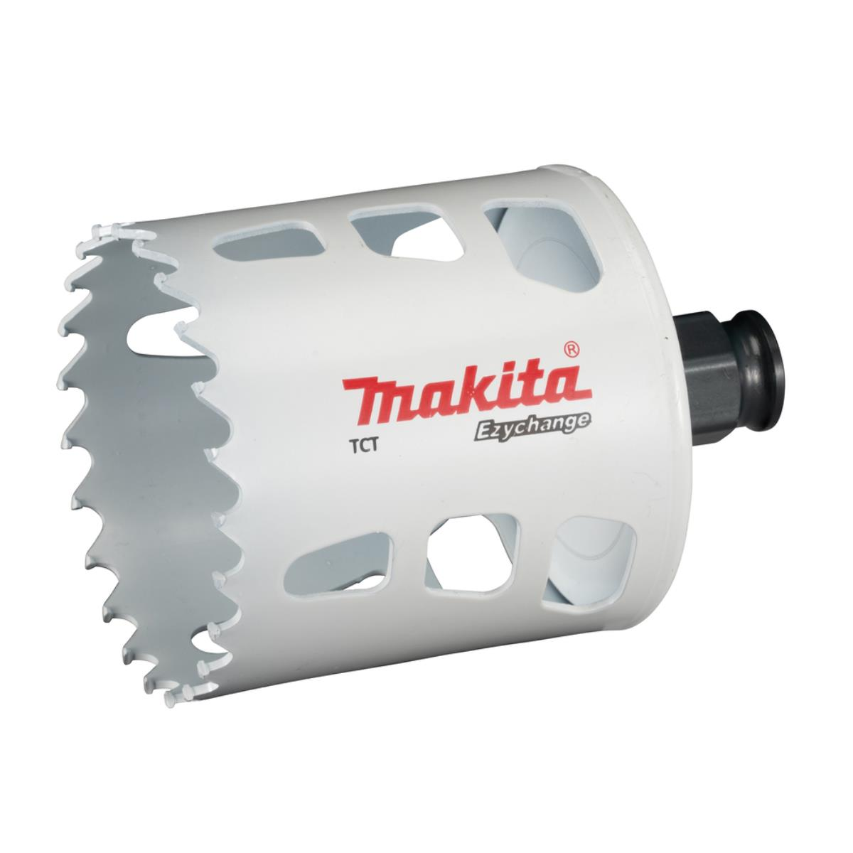 Weiße und rote Makita Lochsäge, beschriftet mit 'TCT Ezychange'.