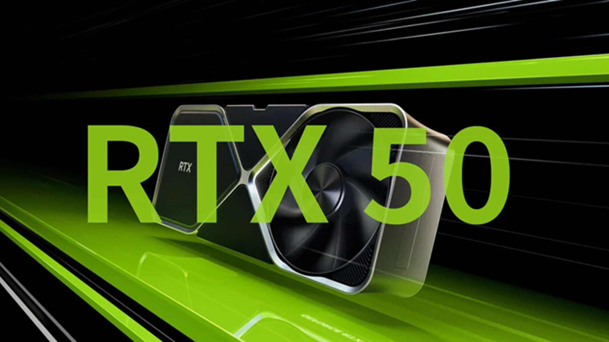 Tarjeta gráfica Nvidia RTX 50 sobre fondo verde con texto RTX 50 verde neón.