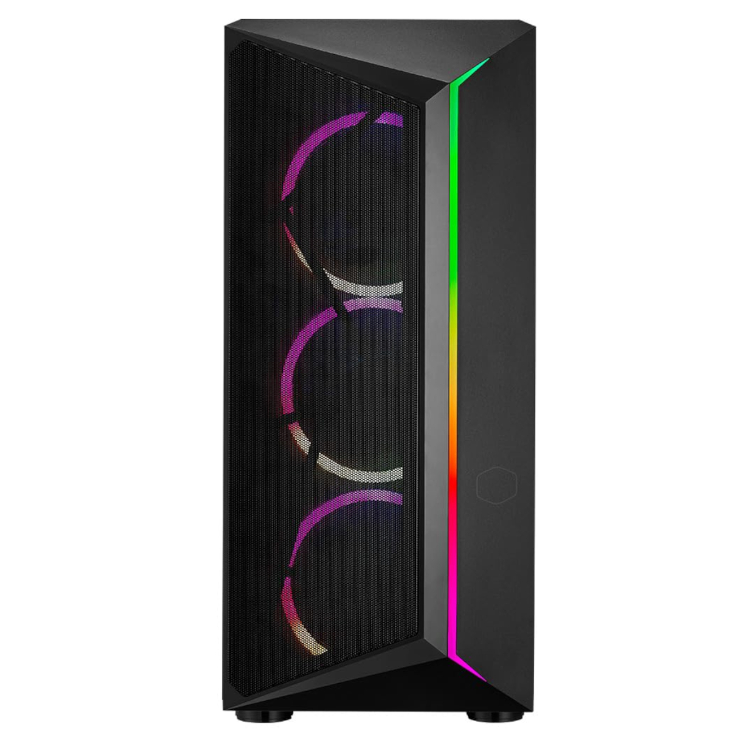 Una caja de PC negra Cooler Master, con tres ventiladores iluminados y un panel frontal de malla texturizada.