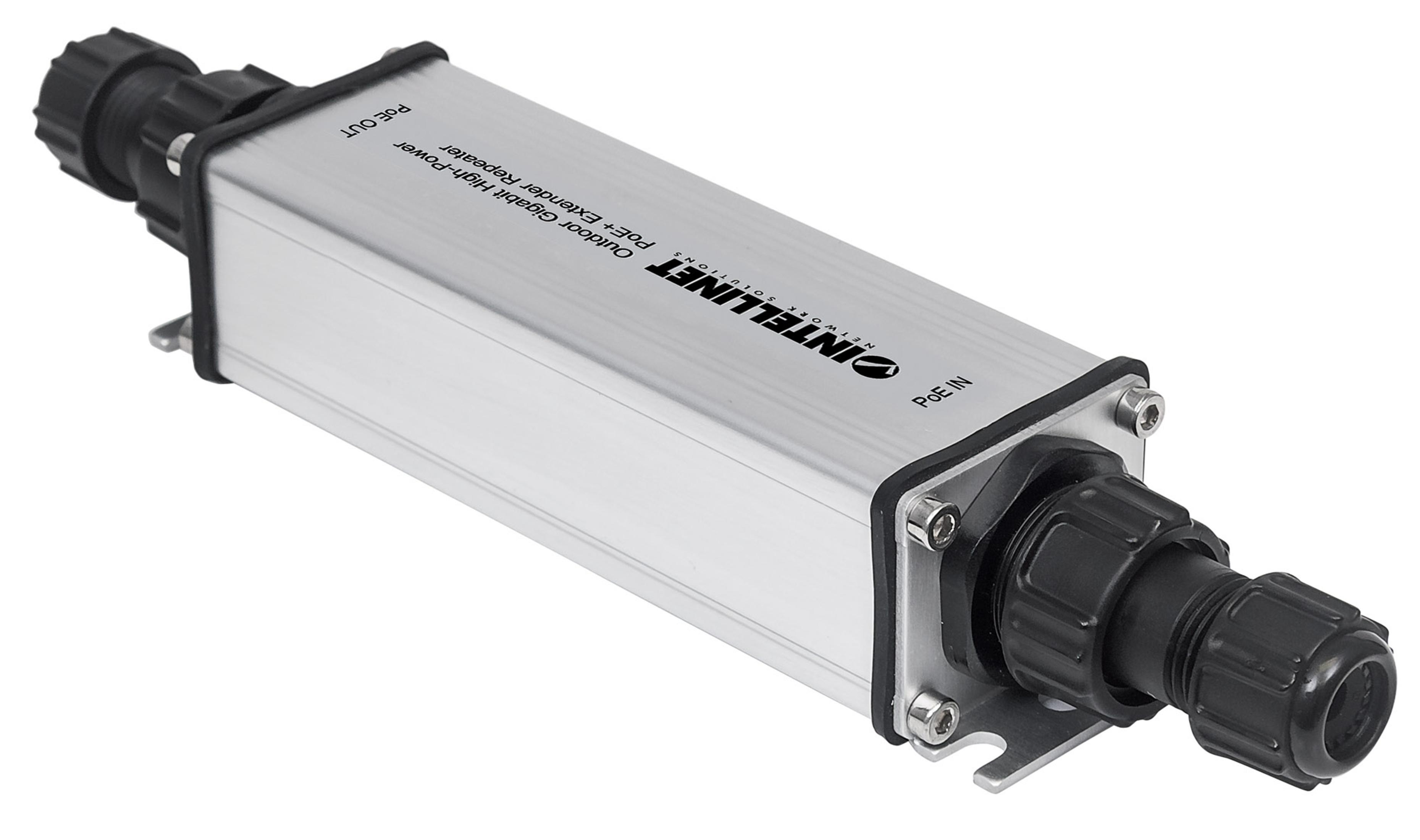 Srebrny InteliNet PoE+ Extender. Czarne złącza na każdym końcu, izolowane.