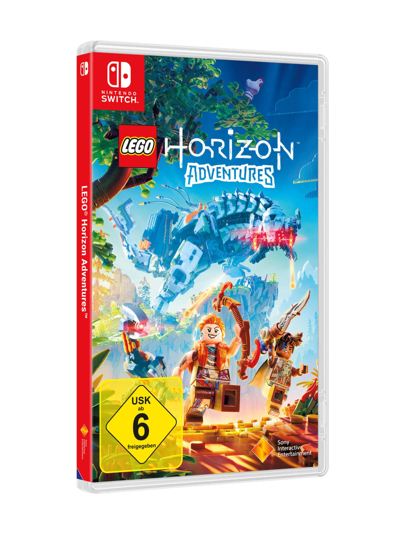 Spielverpackung für 'Lego Horizon Adventures' auf Nintendo Switch. Enthält Lego-Charaktere vor einer malerischen Kulisse.