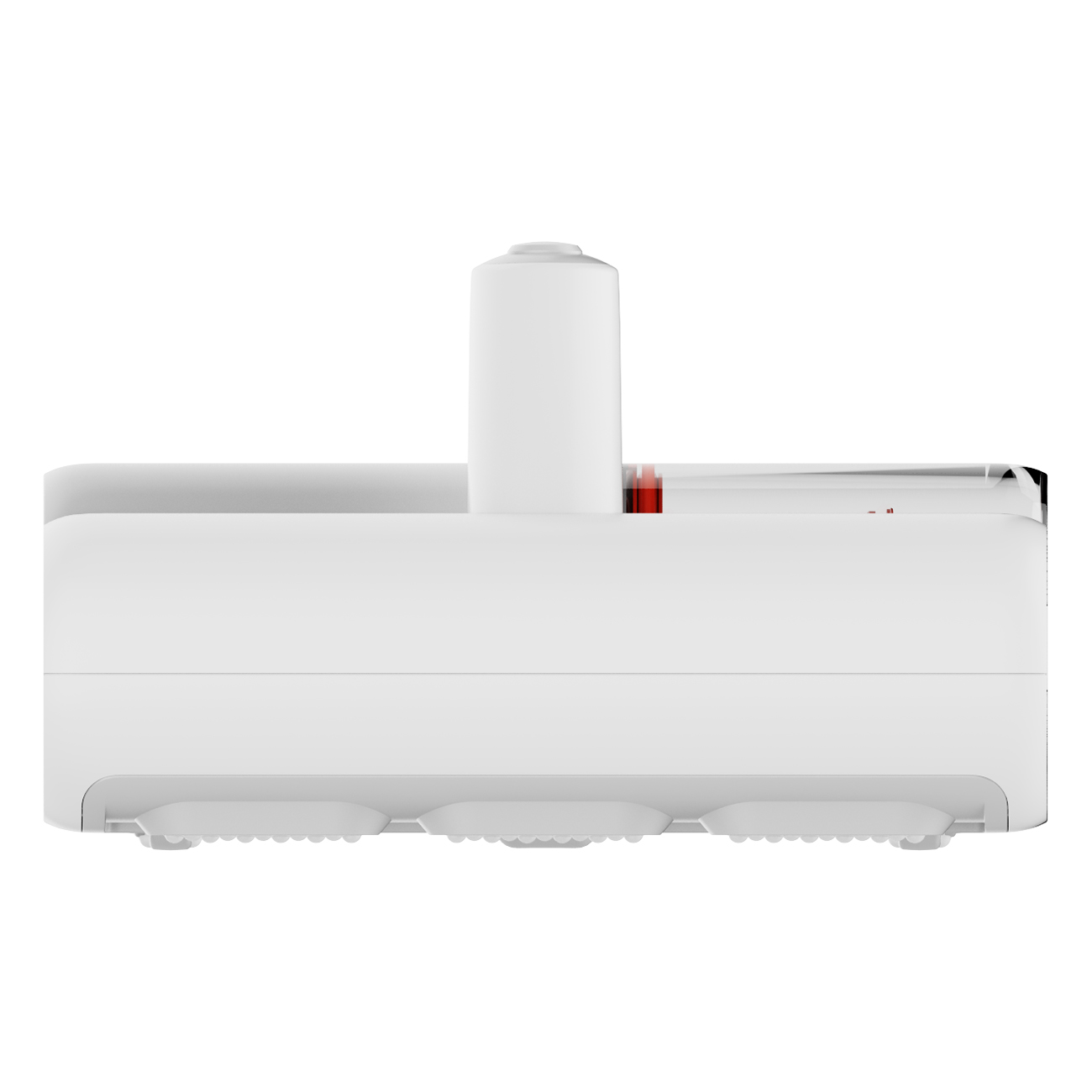 White device with a cylindrical top and three ridges. It has a red indicator, likely a charging station.