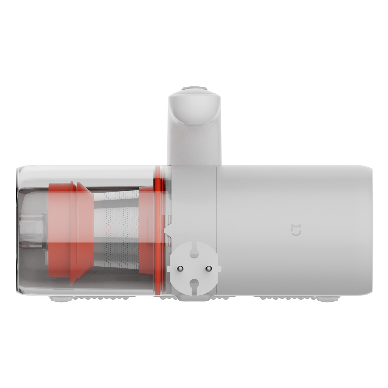White juicer with red details and a plug. The juicer is positioned on a white background.