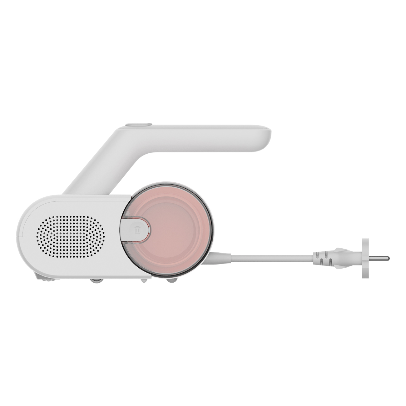 White and pink hand vacuum. Corded, with plug. White background.