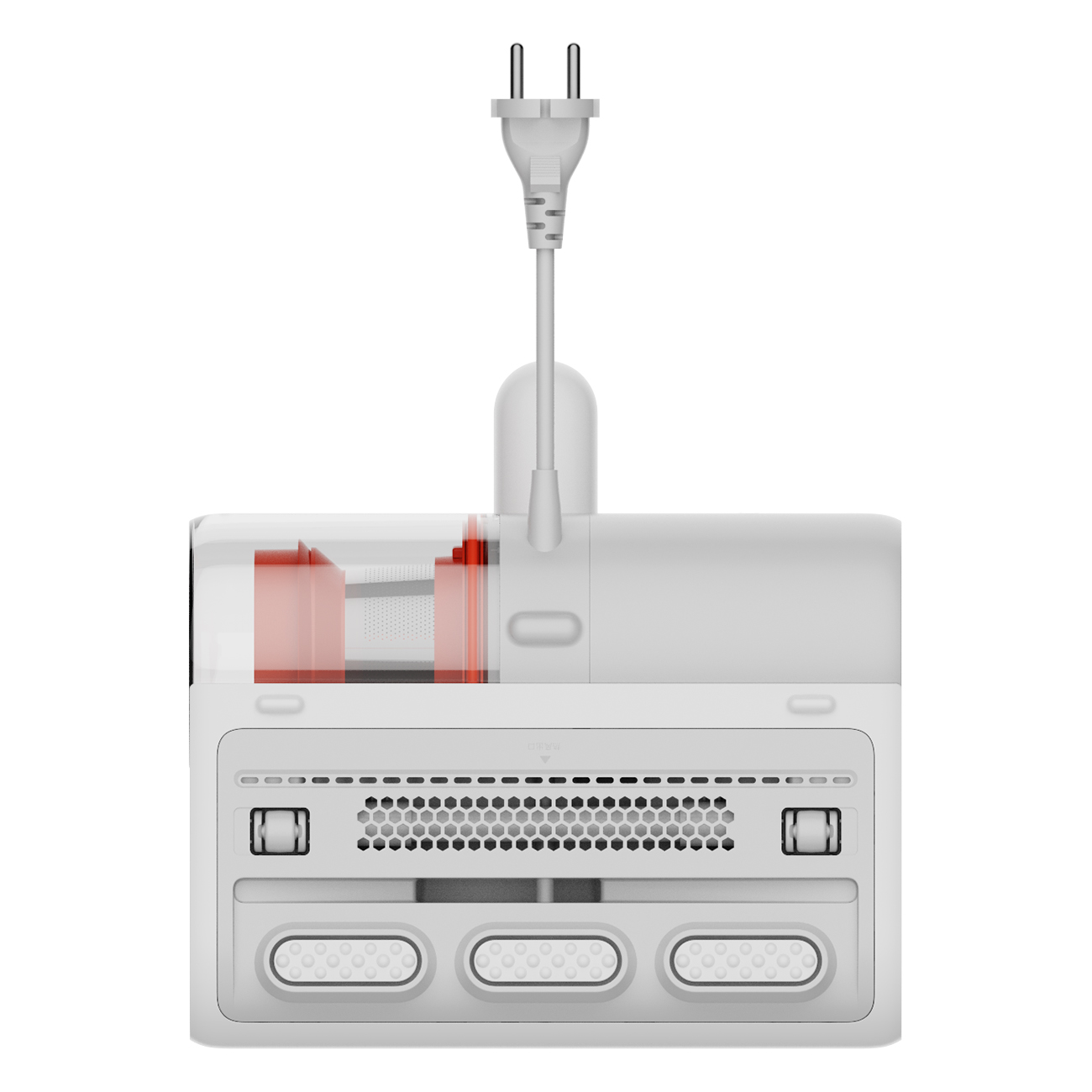 A white device with a plug and slots, likely for charging or connecting devices.