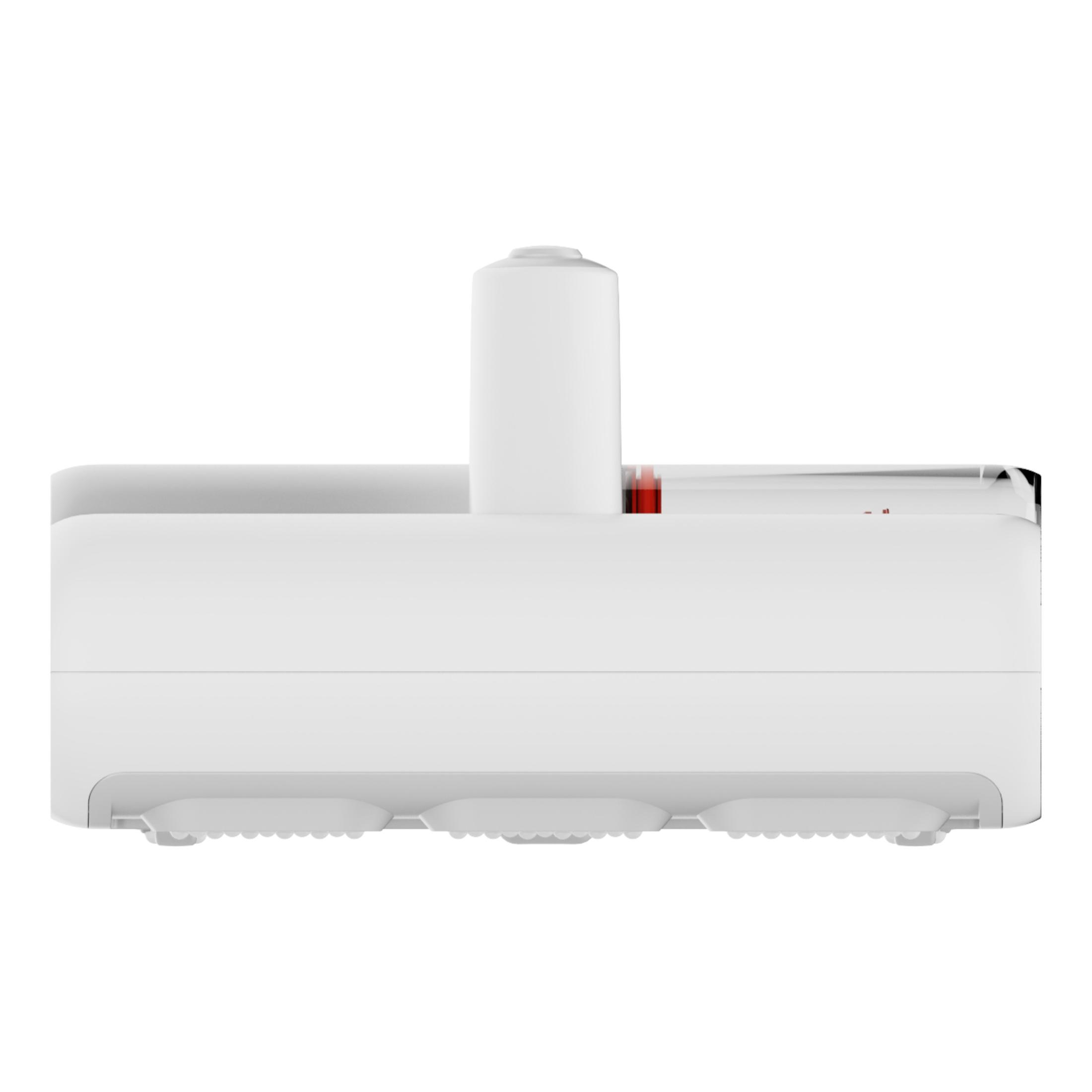 A white device with a red button and three feet. It has a long, white attachment on top.